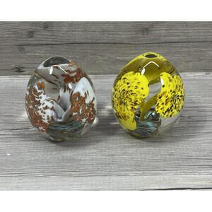 2 - Lutetian Art Glass Paperweight Yellow White Mushroom Egg Shape Vintage Decor